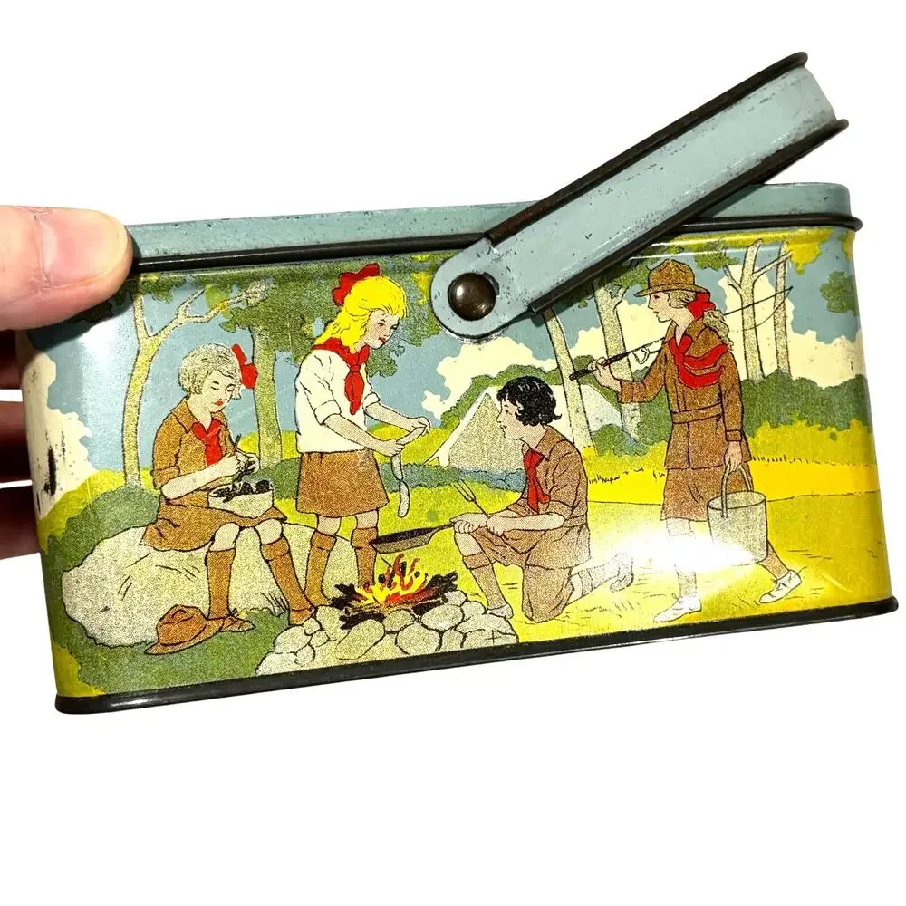 Vintage Girl Scouts metal tin lunch box top handle guides flags yellow blue
